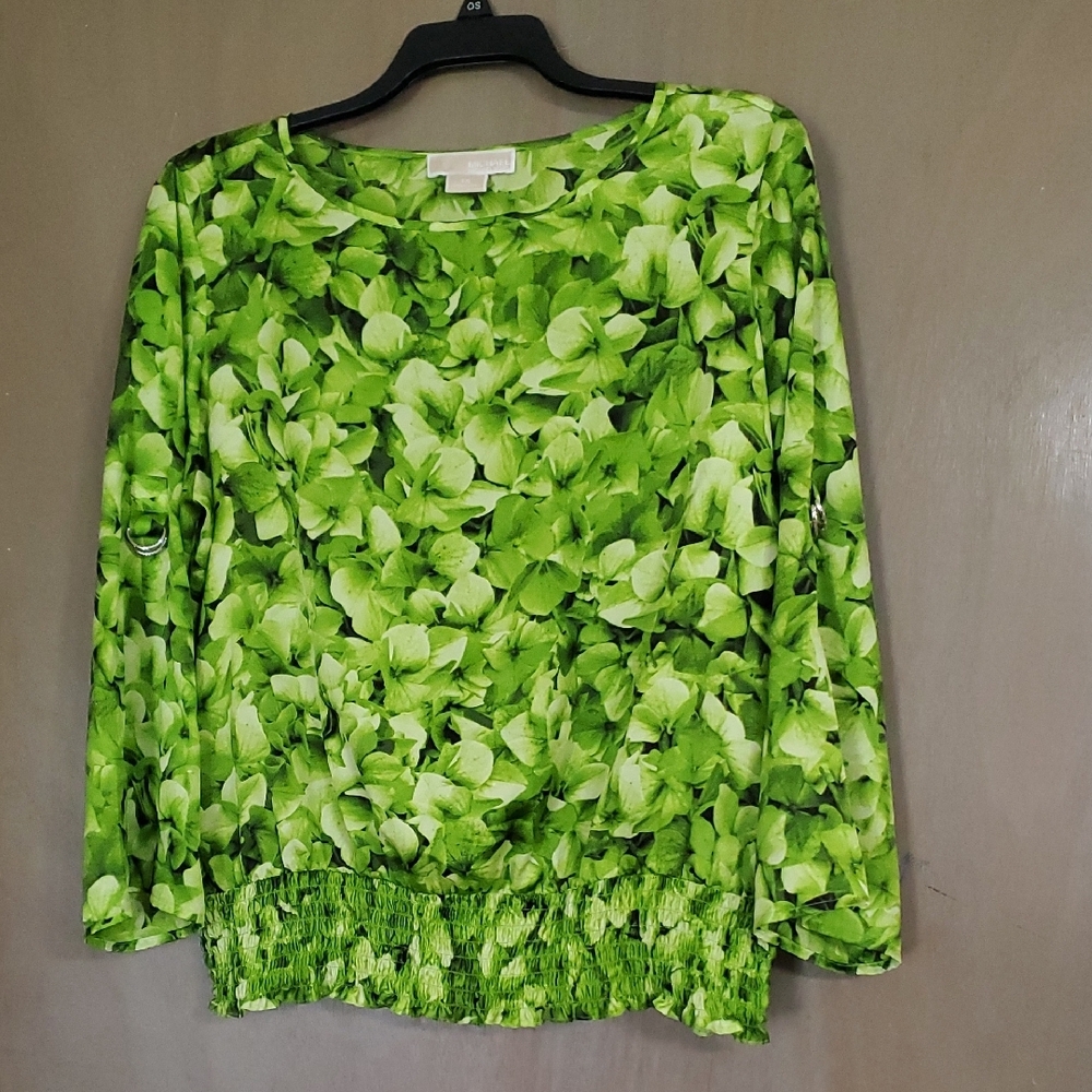 Michael Kors Green Blouse with Leaf Print and Long Sleeves